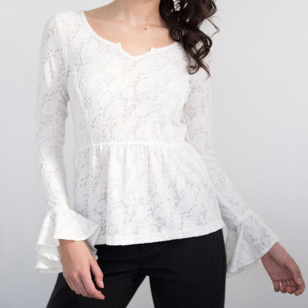 White top long flared sleeves lace fabric
